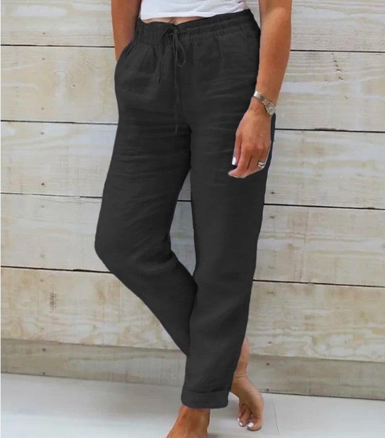 Elegant High-Waisted Cotton-Linen Trousers for Women - Vogue Aura