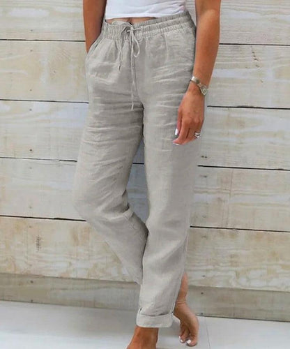 Elegant High-Waisted Cotton-Linen Trousers for Women - Vogue Aura