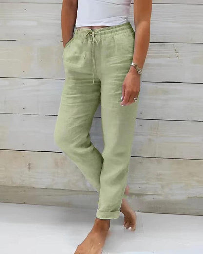 Elegant High-Waisted Cotton-Linen Trousers for Women - Vogue Aura