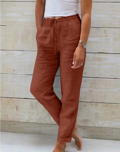 Elegant High-Waisted Cotton-Linen Trousers for Women - Vogue Aura