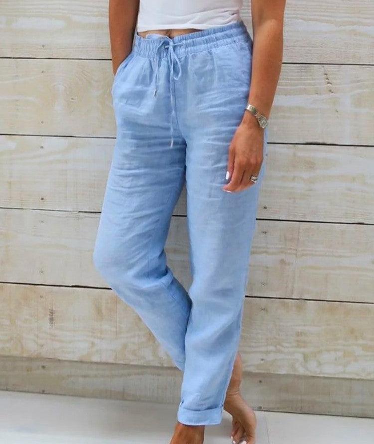 Elegant High-Waisted Cotton-Linen Trousers for Women - Vogue Aura