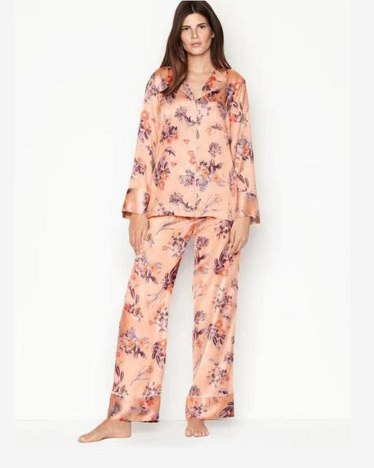 Elegant Ice Silk Pajama Set for Women - Long-Sleeved Cardigan & Trousers in Floral Designs - Vogue Aura