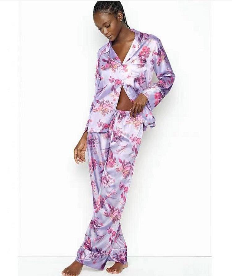 Elegant Ice Silk Floral Pajama Set for Women - Cardigan & Trousers - Vogue Aura