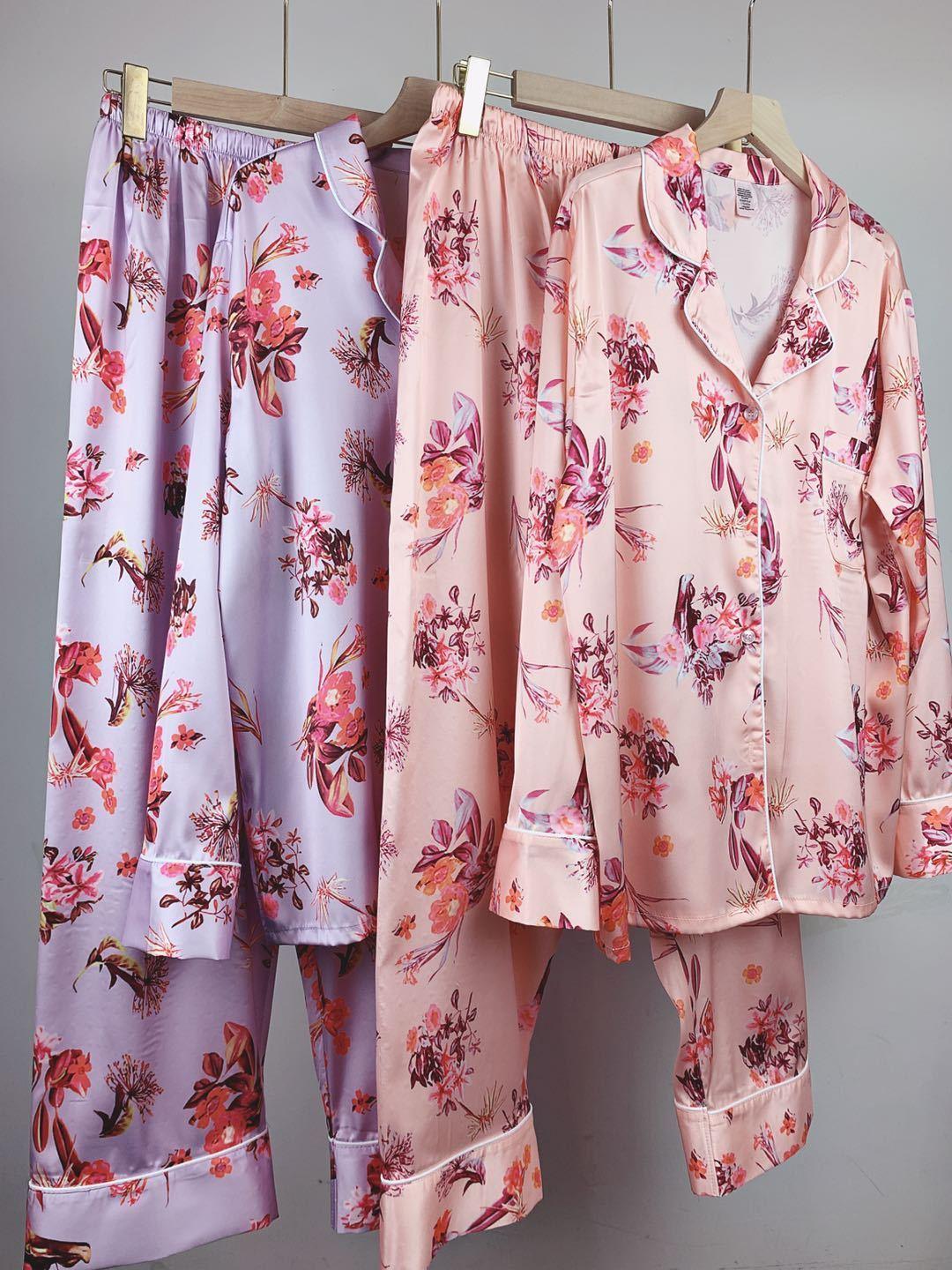 Elegant Ice Silk Floral Pajama Set for Women - Cardigan & Trousers - Vogue Aura