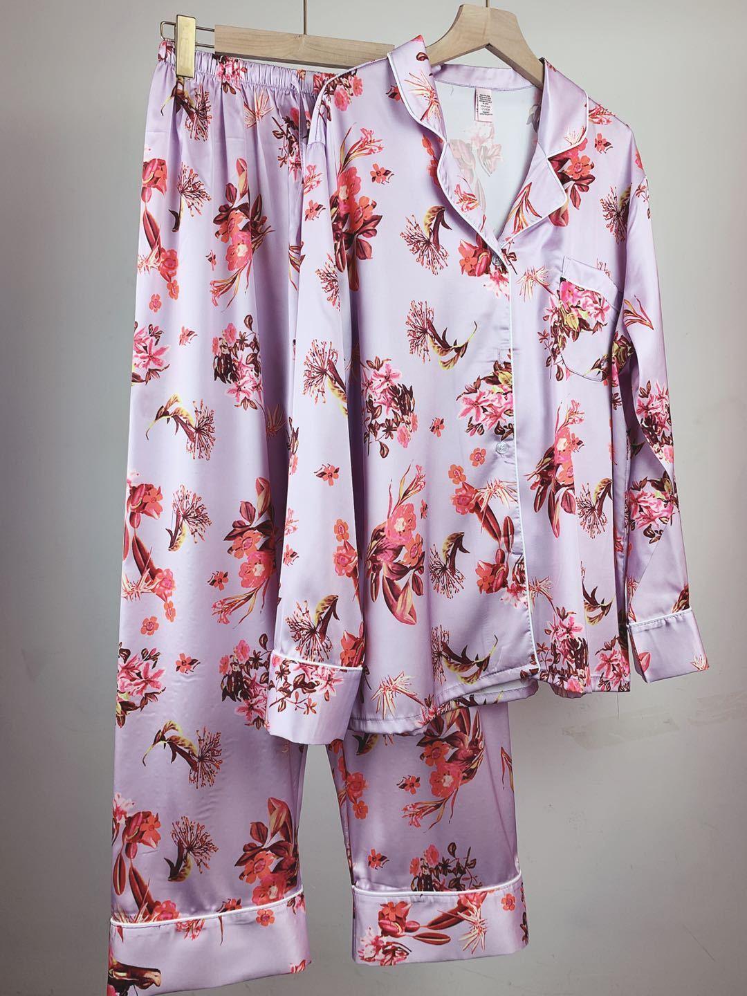 Elegant Ice Silk Floral Pajama Set for Women - Cardigan & Trousers - Vogue Aura