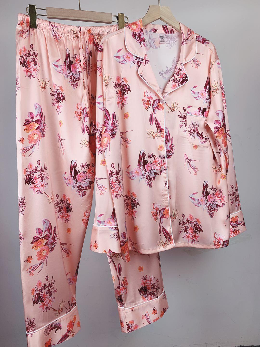 Elegant Ice Silk Floral Pajama Set for Women - Cardigan & Trousers - Vogue Aura