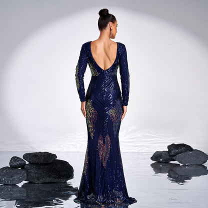 Elegant Long Sleeve Sequined Evening Gown with Graceful High Waist Design - Vogue Aura