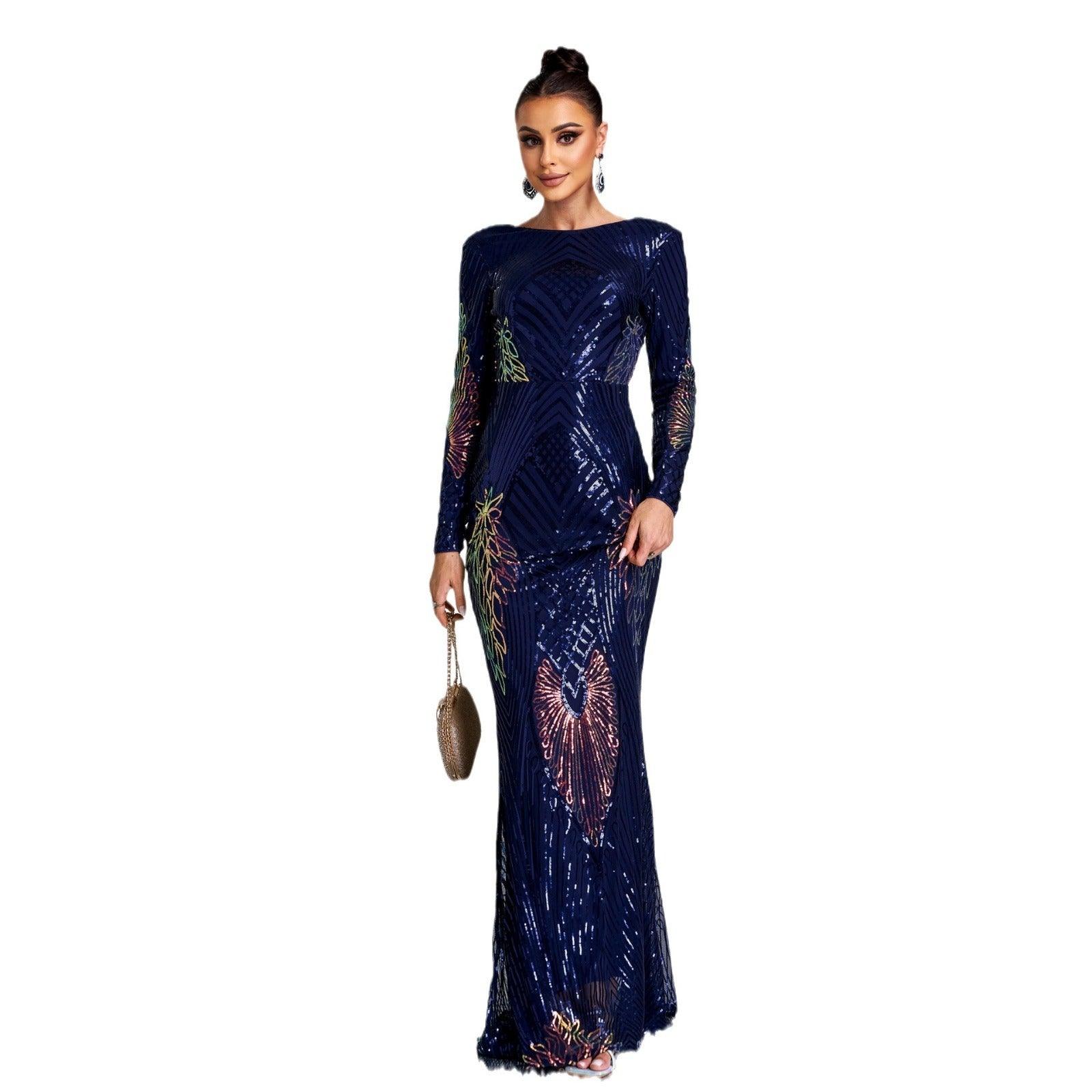 Elegant Long Sleeve Sequined Evening Gown with Graceful High Waist Design - Vogue Aura