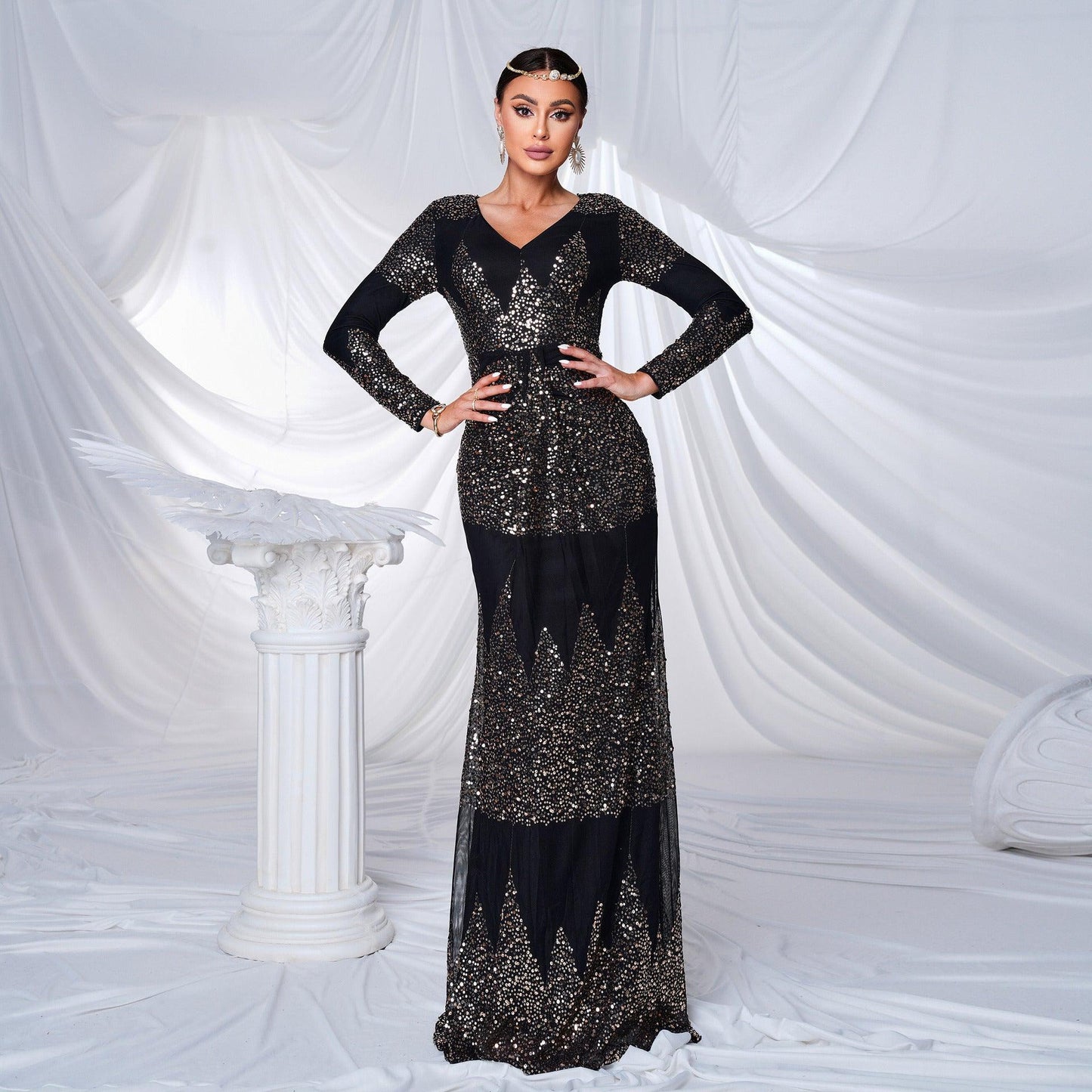 Elegant Long Sleeve Sequined V-Neck Evening Gown - Vogue Aura