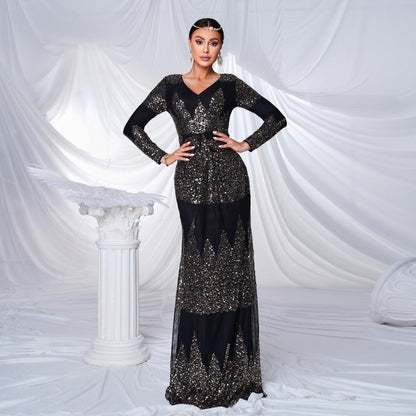 Glamorous Long Sleeve Sequined V-Neck Formal Dress - Vogue Aura