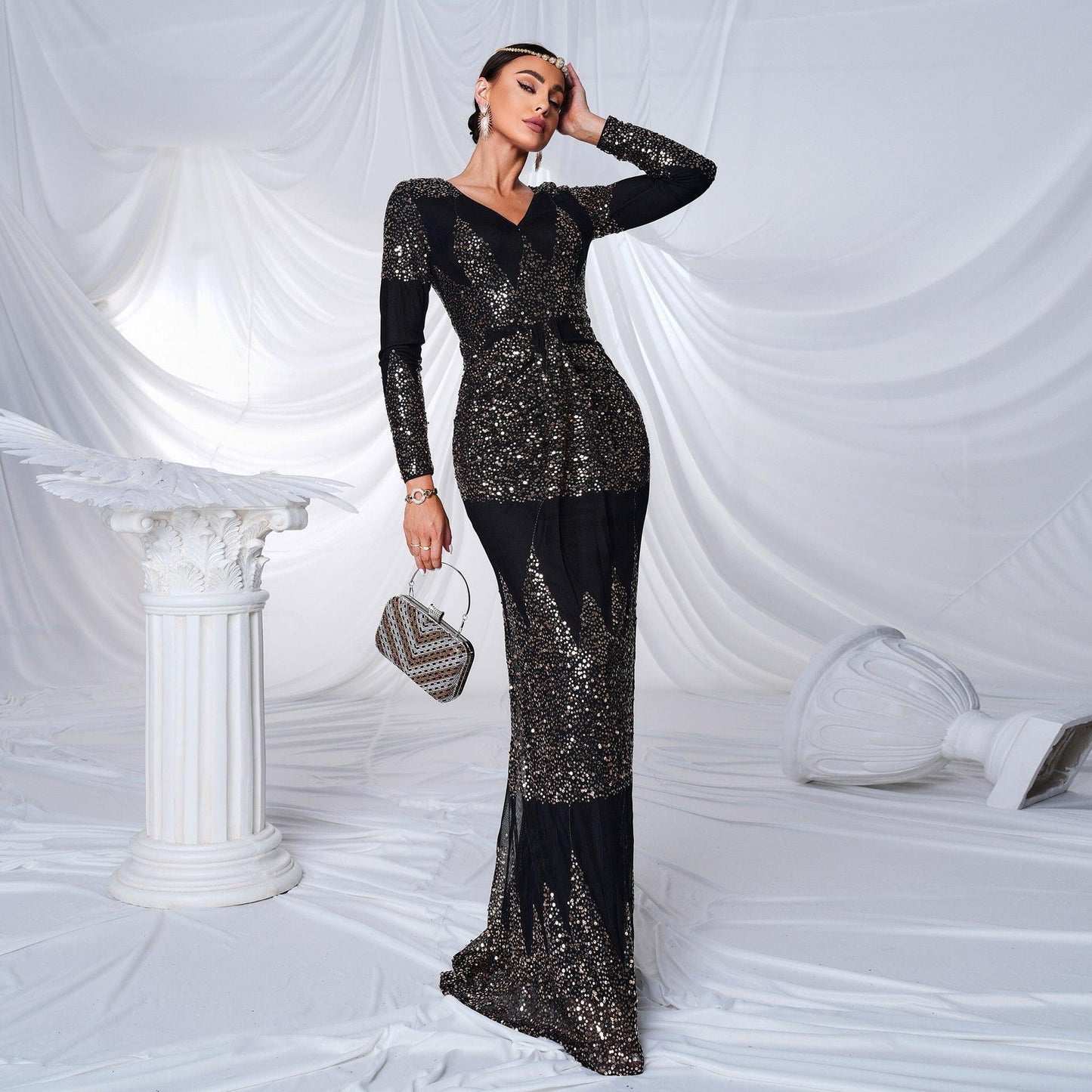 Glamorous Long Sleeve Sequined V-Neck Formal Dress - Vogue Aura