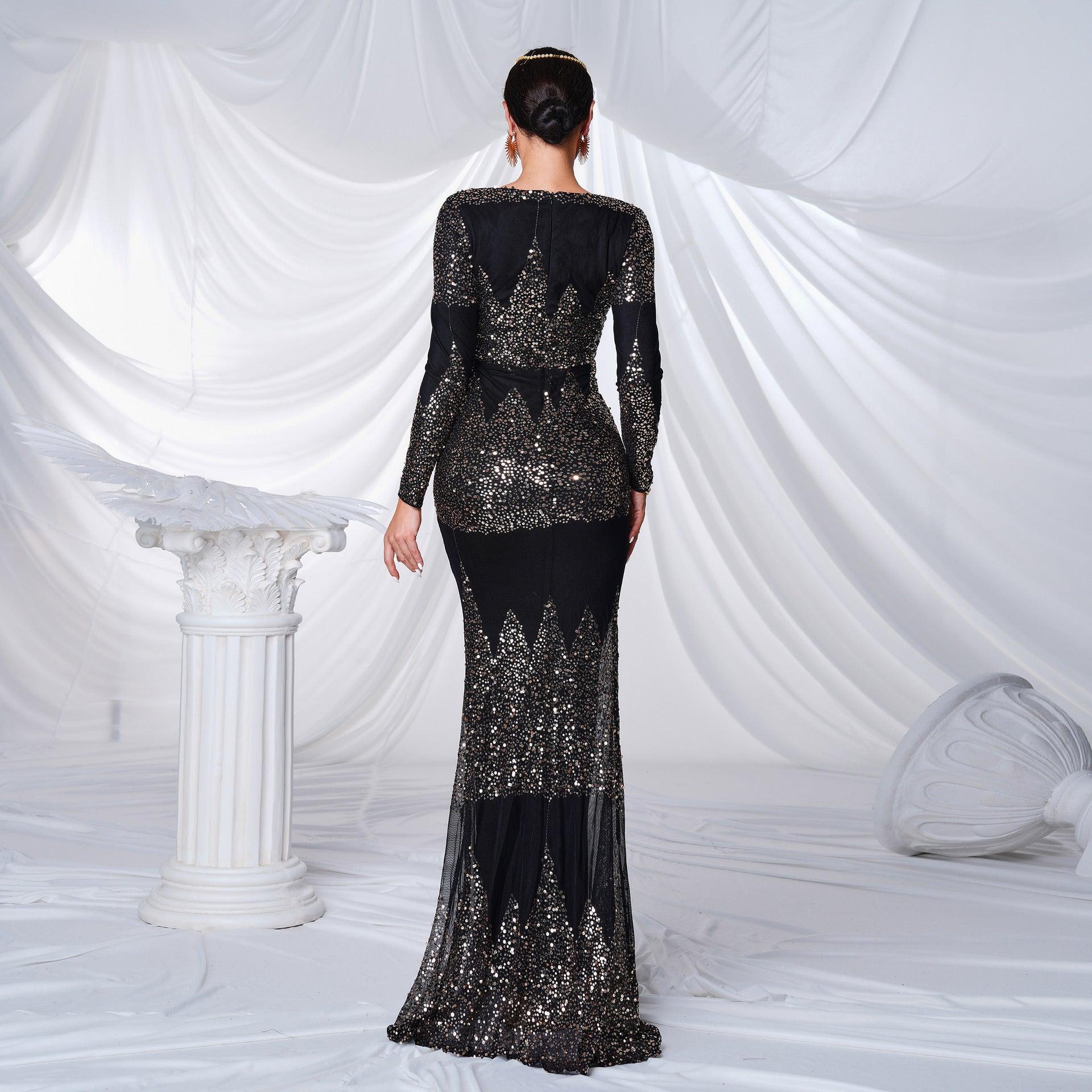 Elegant Long Sleeve Sequined V-Neck Evening Gown - Vogue Aura