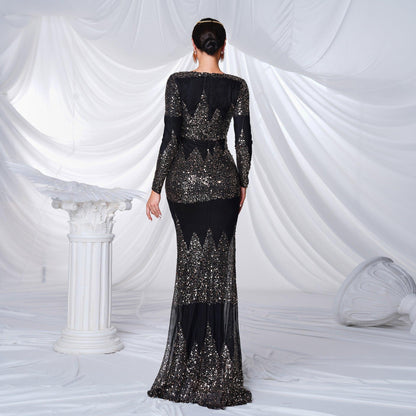 Elegant Long Sleeve Sequined V-Neck Evening Gown - Vogue Aura