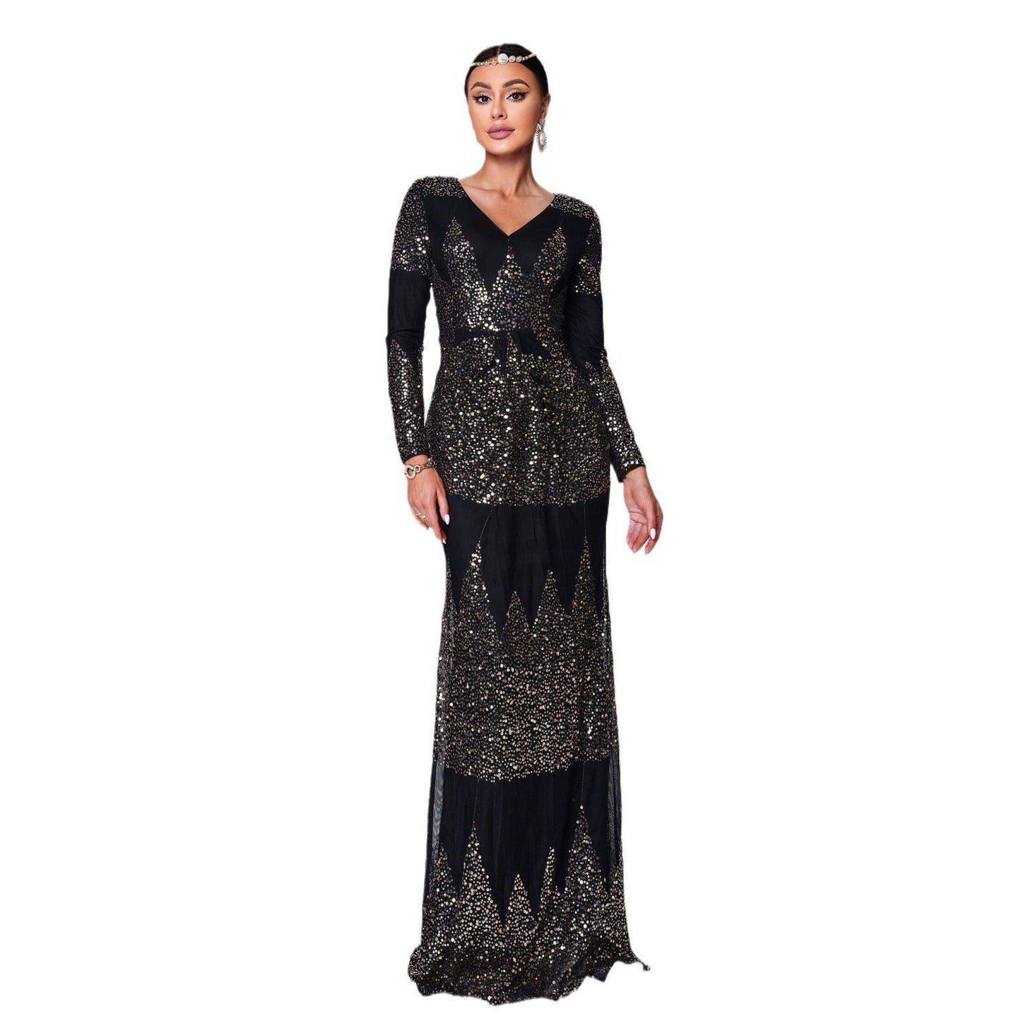 Glamorous Long Sleeve Sequined V-Neck Formal Dress - Vogue Aura