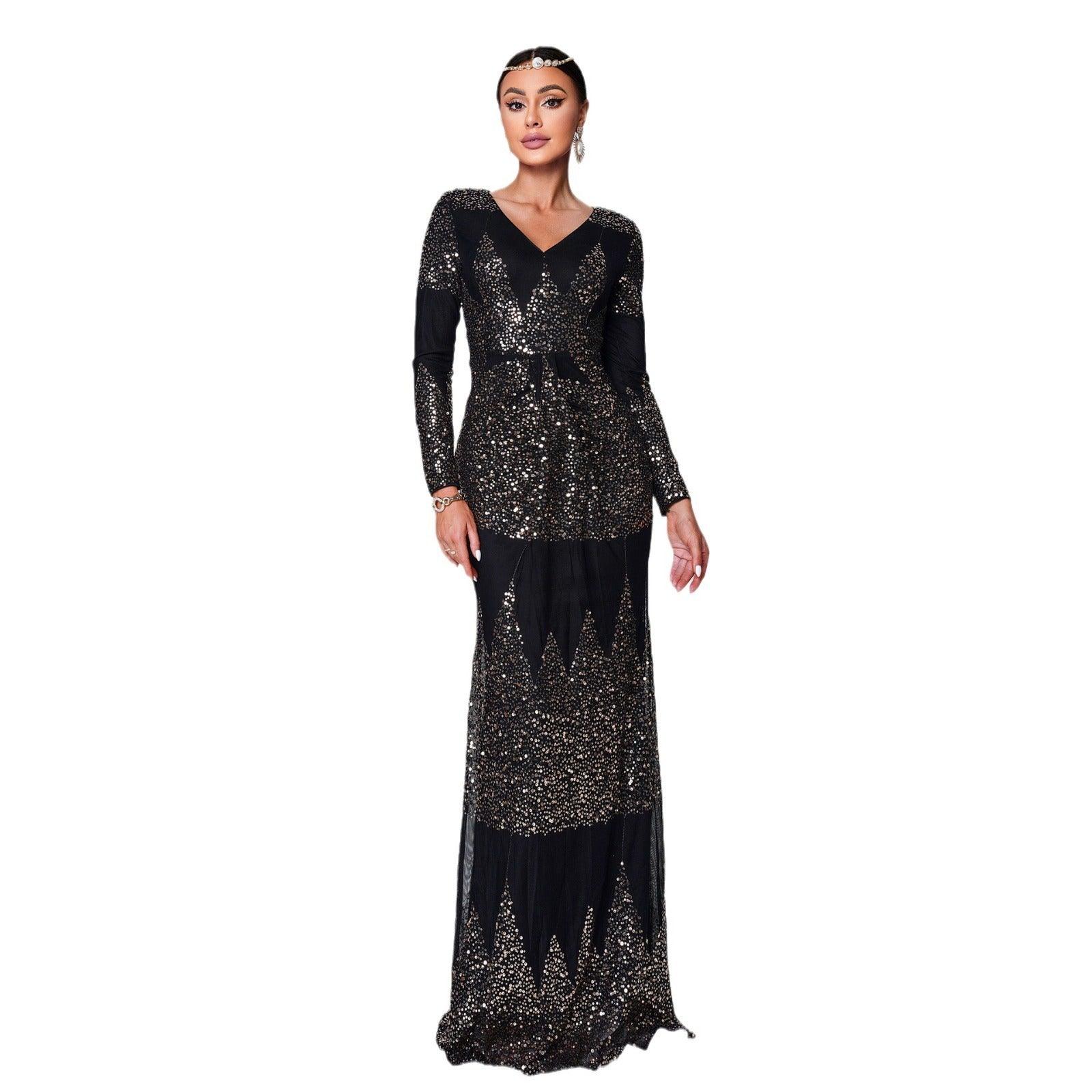 Elegant Long Sleeve Sequined V-Neck Evening Gown - Vogue Aura