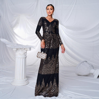 Elegant Long Sleeve Sequined V-Neck Evening Gown - Vogue Aura