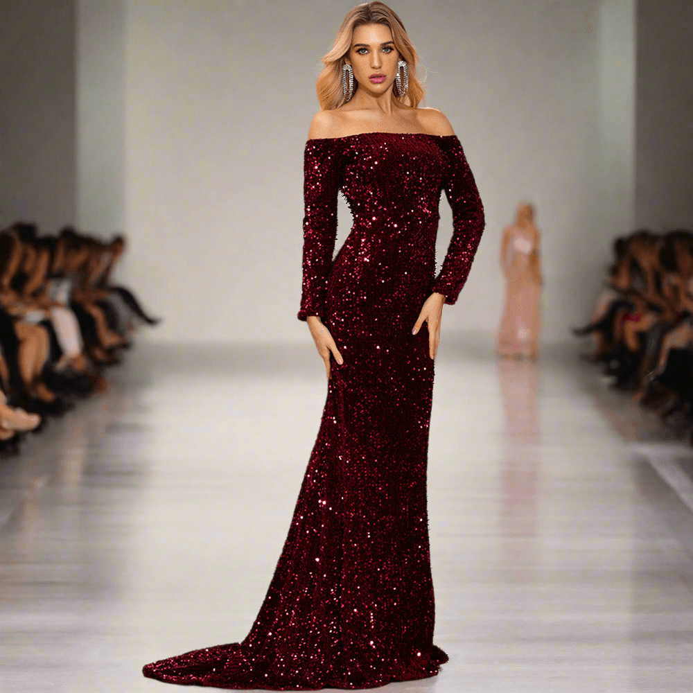 Glamorous Off-Shoulder Sequin Gown - Vogue Aura