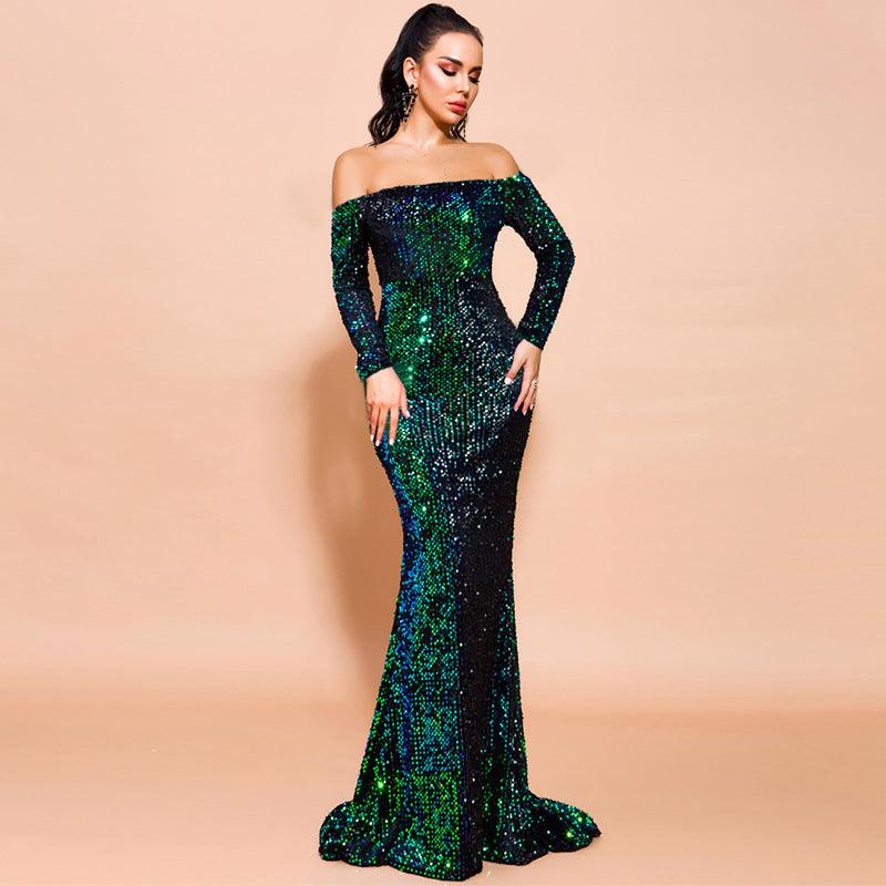 Glamorous Off-Shoulder Sequin Gown - Vogue Aura