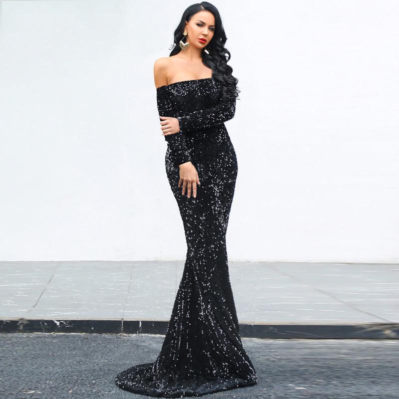 Glamorous Off-Shoulder Sequin Gown - Vogue Aura