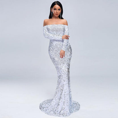 Glamorous Off-Shoulder Sequin Gown - Vogue Aura