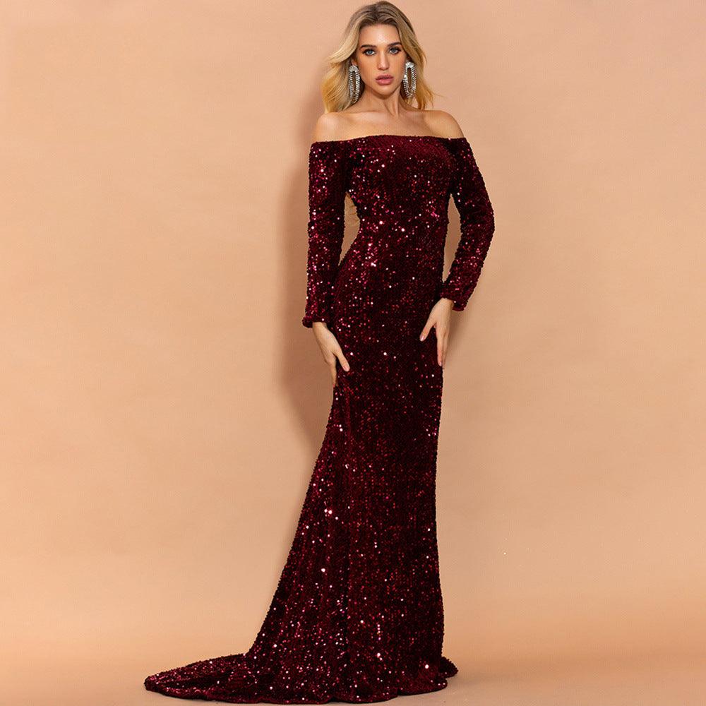 Glamorous Off-Shoulder Sequin Gown - Vogue Aura