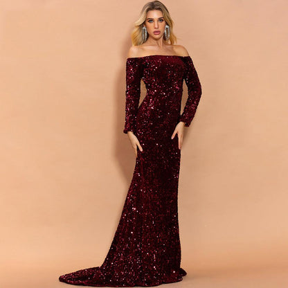 Elegant Off-Shoulder Long Sleeve Sequined Evening Gown - Vogue Aura