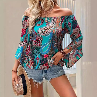 Serene Sky Blue Elegant Off-the-Shoulder Ruffle Sleeve Blouse - Vogue Aura