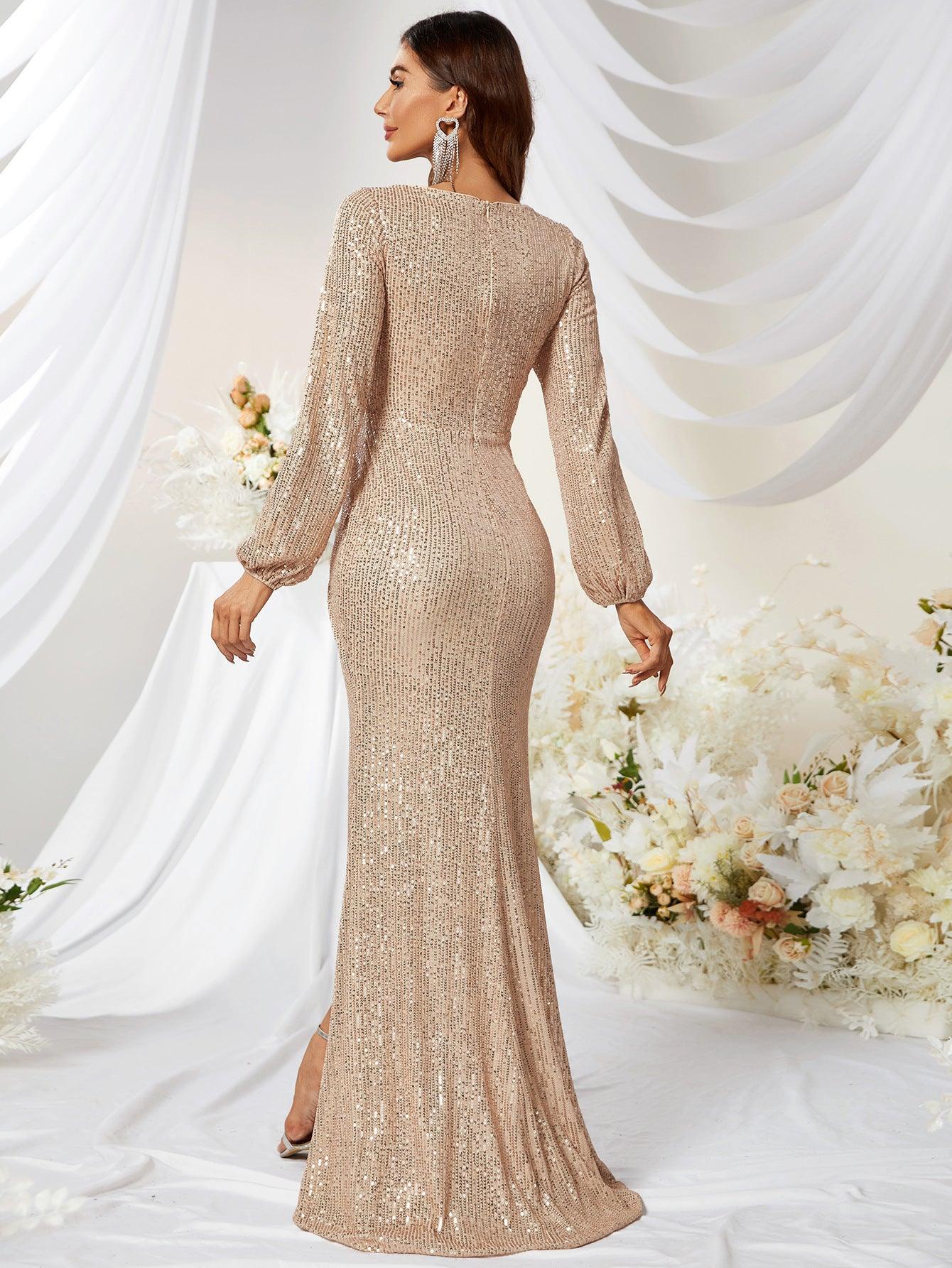 Elegant Sequined V-neck Fishtail Evening Gown with Graceful High Slit - Vogue Aura