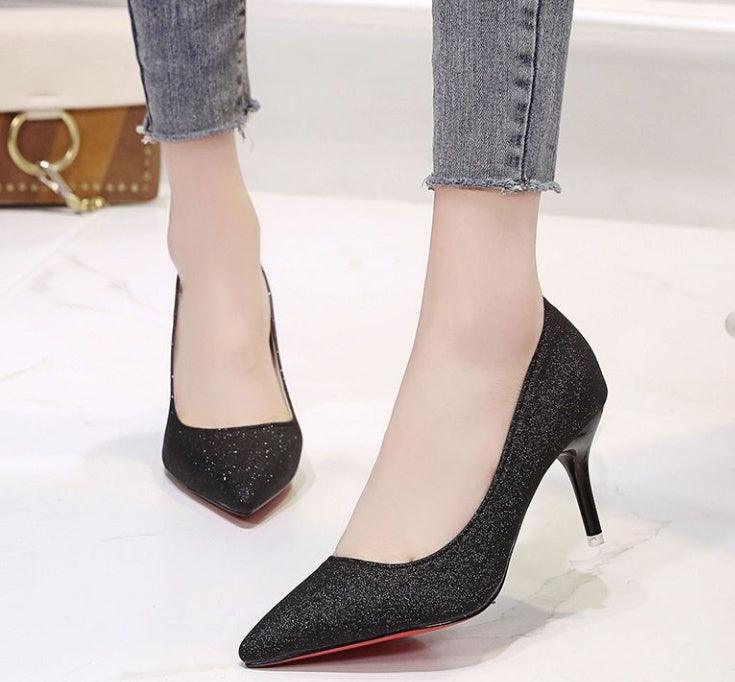 Elegant Silver Heels with Black Mesh and Red Sequins - Vogue Aura