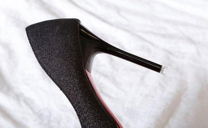 Elegant Silver Heels with Black Mesh and Red Sequins - Vogue Aura