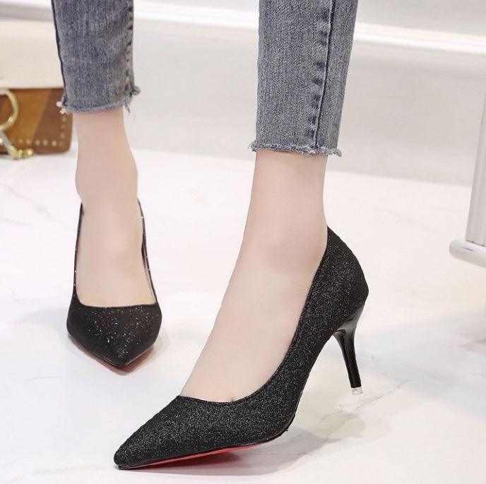 Elegant Silver Heels with Black Mesh and Striking Red Sequins - Vogue Aura