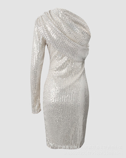 Radiant Silver One Shoulder Long Sleeve Evening Gown - Vogue Aura