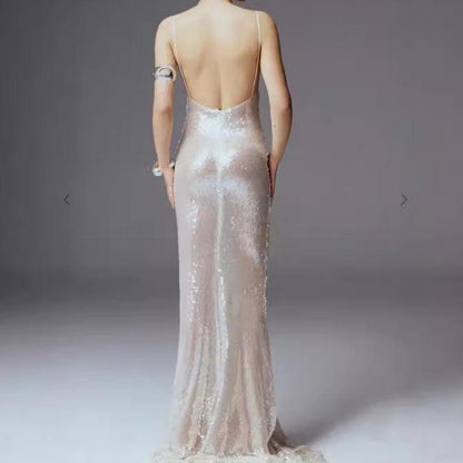 Elegant Silver Sequined High-Waisted Sling Dress for Timeless Occasions - Vogue Aura