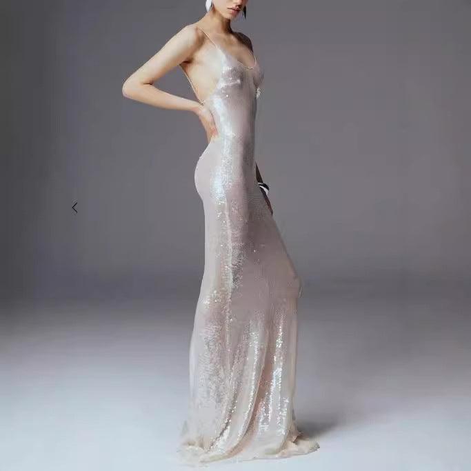 Elegant Silver Sequined High-Waisted Sling Dress for Timeless Occasions - Vogue Aura