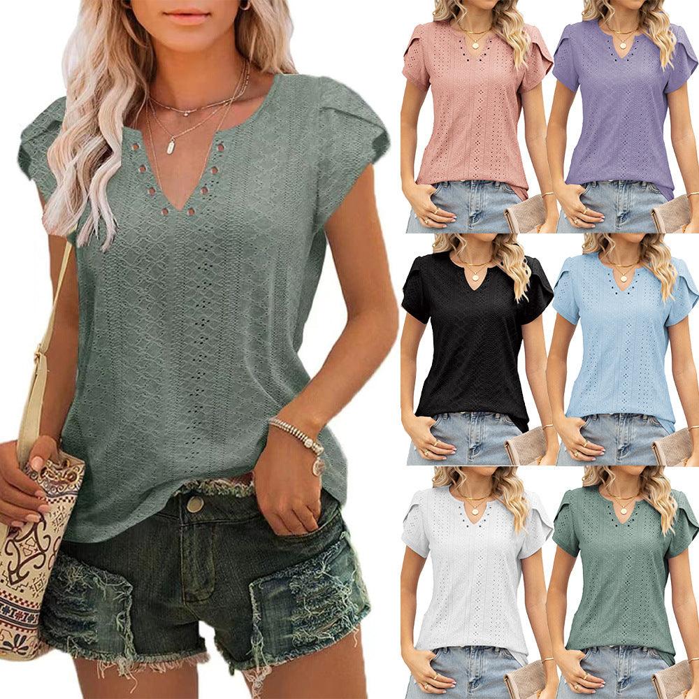 Chic V-Neck Button Detail Short Sleeve Tee for Women - Vogue Aura