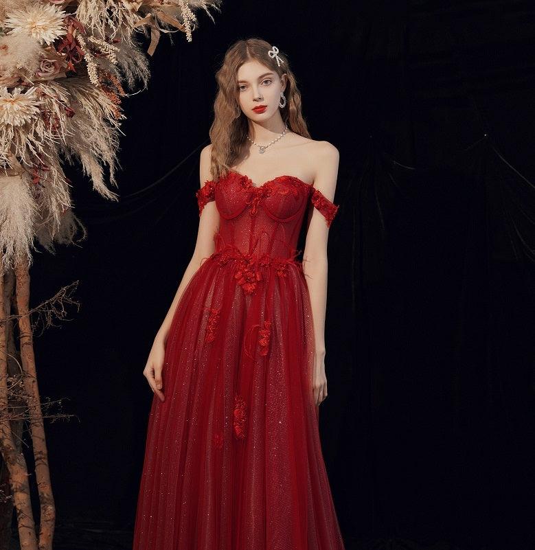 Chic Wine Red Wedding Toast Dress with Handmade Floral Accents - Vogue Aura