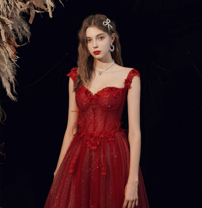 Chic Wine Red Wedding Toast Dress with Handmade Floral Accents - Vogue Aura