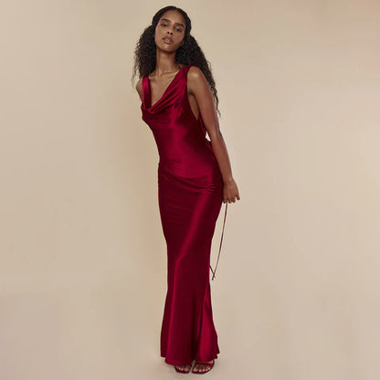 Opulent High Waist Lace-Up Maxi Dress in Black and Wine Red - Vogue Aura