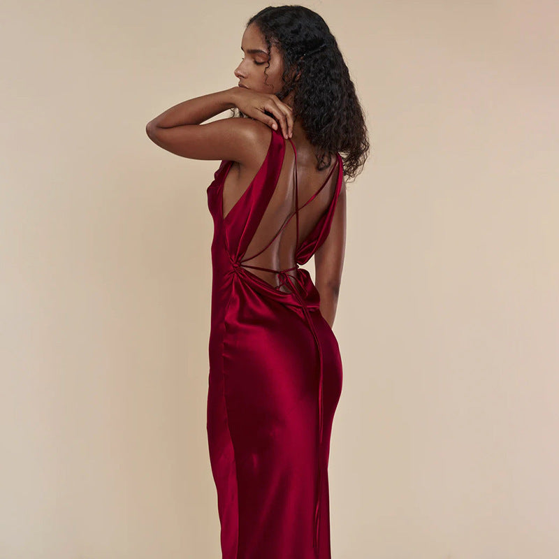 Opulent High Waist Lace-Up Maxi Dress in Black and Wine Red - Vogue Aura