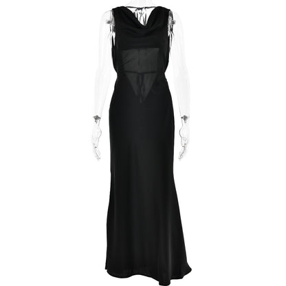 Opulent High Waist Lace-Up Maxi Dress in Black and Wine Red - Vogue Aura