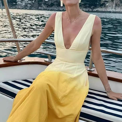 Chic Yellow Sleeveless A-Line Dress with Lace-Up Detail - Vogue Aura