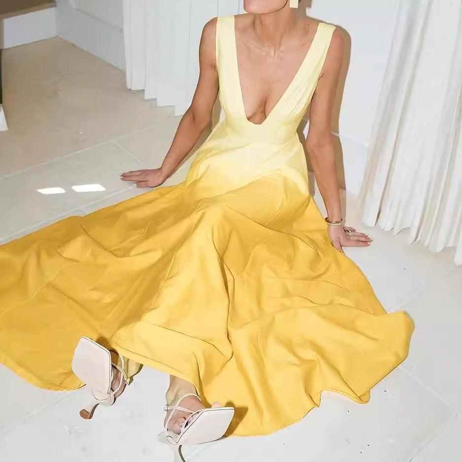 Elegant Yellow Sleeveless A-Line Dress with Chic Lace-Up Detail - Vogue Aura