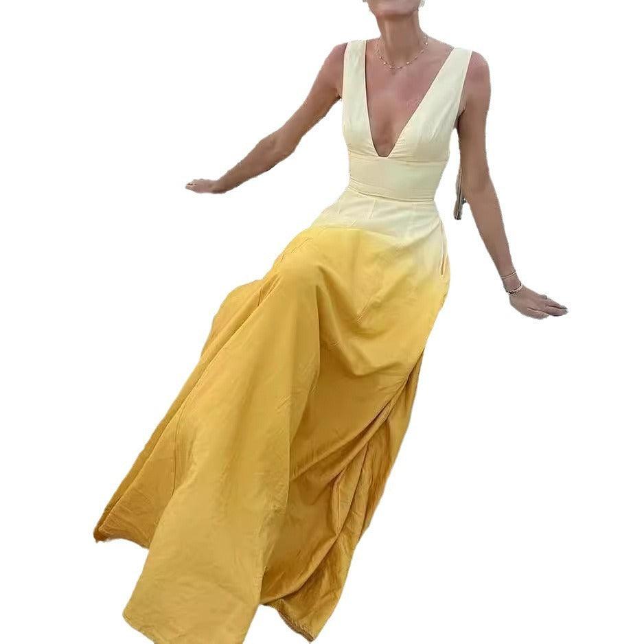 Elegant Yellow Sleeveless A-Line Dress with Chic Lace-Up Detail - Vogue Aura