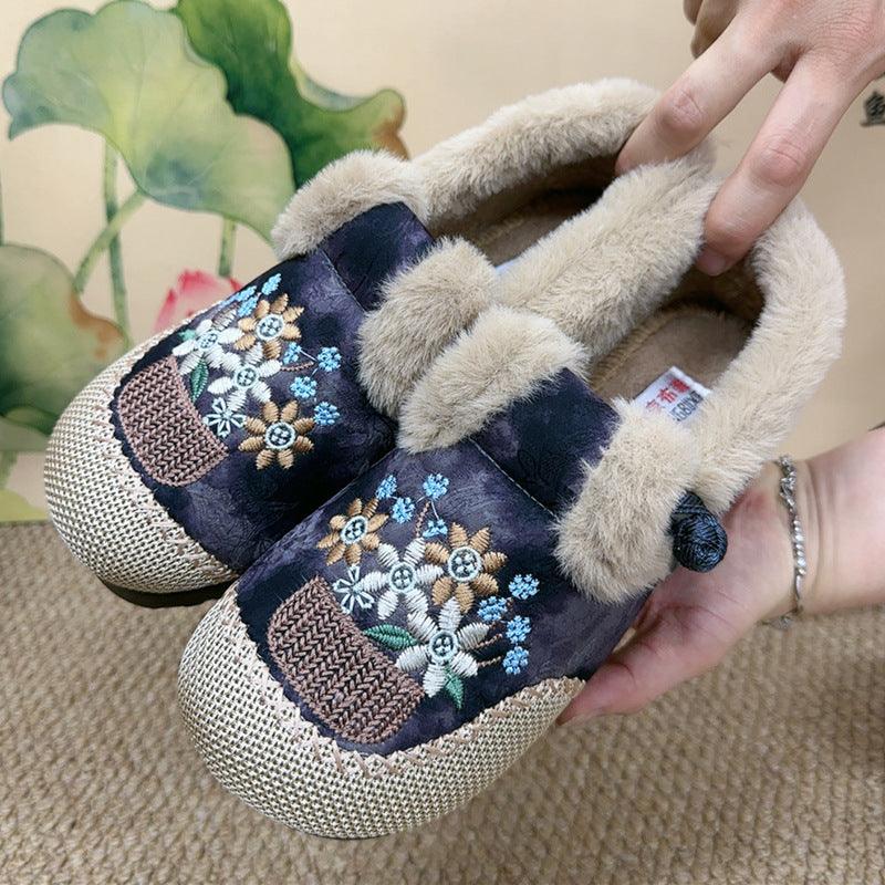 Embroidered Fleece-Lined Winter Slippers for Women - Vogue Aura