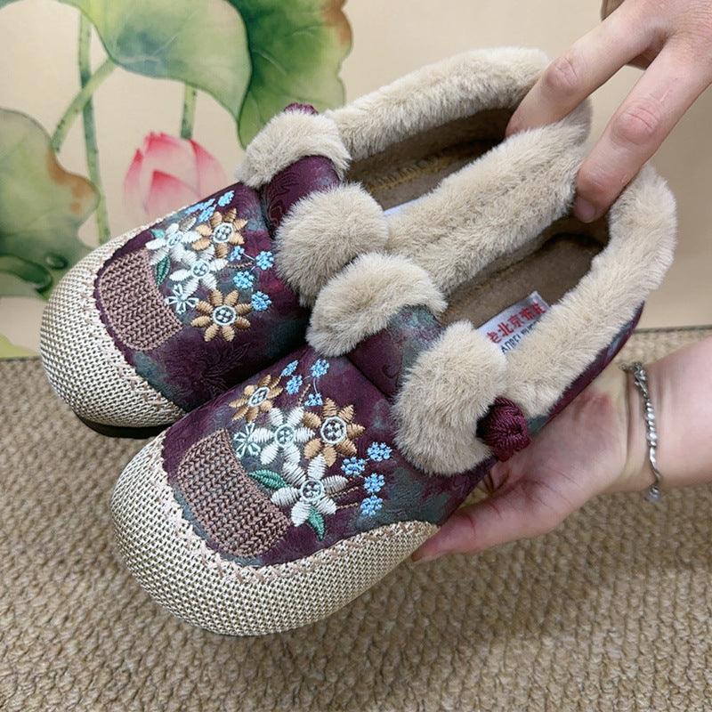 Embroidered Winter Cotton Slippers for Women - Cozy Fleece-Lined Footwear - Vogue Aura