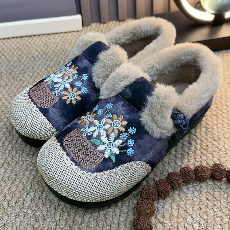 Embroidered Winter Cotton Slippers for Women - Cozy Fleece-Lined Footwear - Vogue Aura