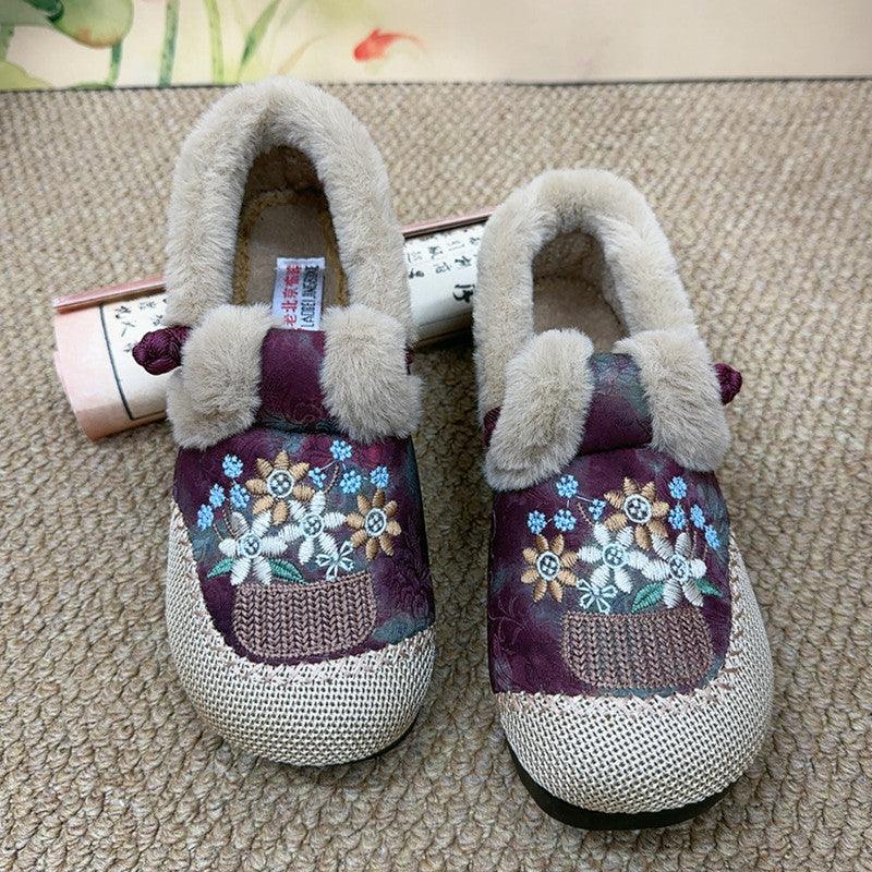 Embroidered Fleece-Lined Winter Slippers for Women - Vogue Aura