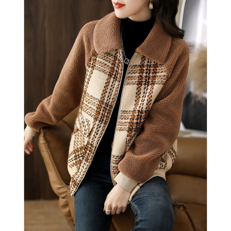 Plaid Raglan Sleeve Coat in Warm Brown - Vogue Aura