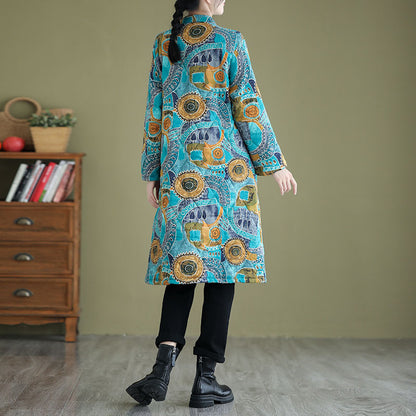 Elegant Retro Printed Cotton-Padded Coat with Stand Collar