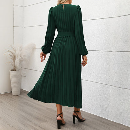 Elegant Dark Green High-Waist Long-Sleeve Dress - Vogue Aura